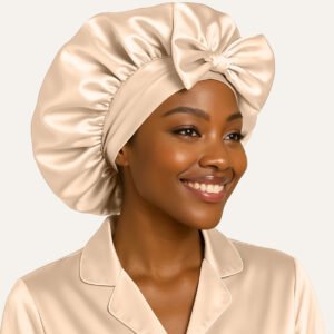 Beige Adjustable satin bonnet with tie for sleeping