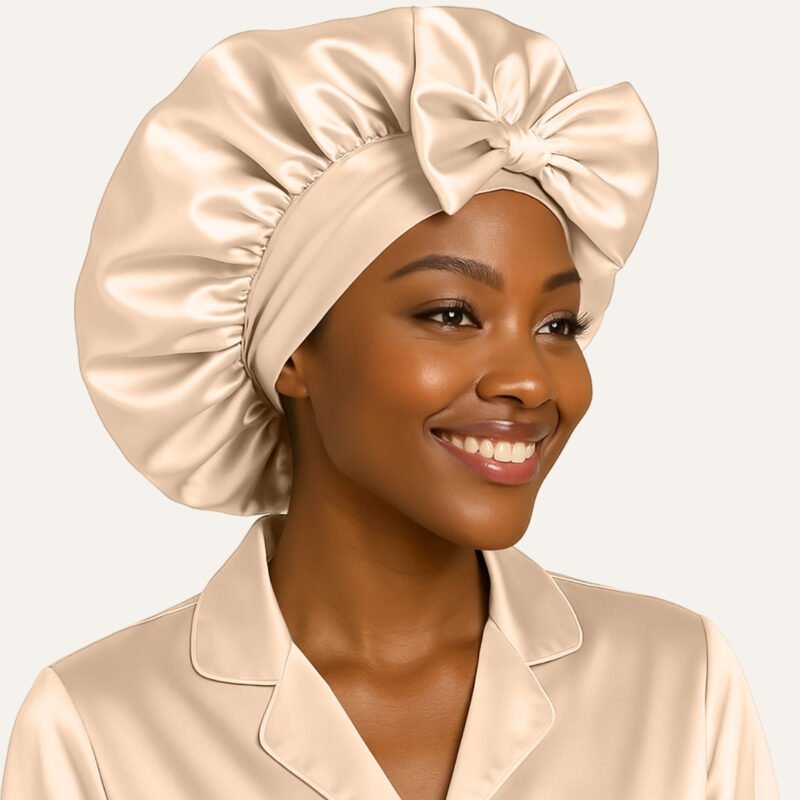 Beige Adjustable satin bonnet with tie for sleeping