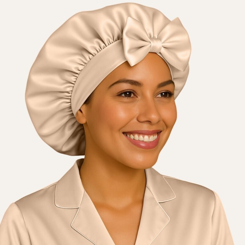 Beige satin bonnet for curly hair