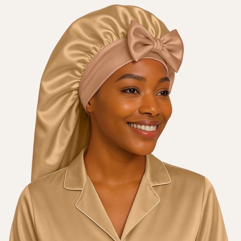 Beige satin bonnet for long hair