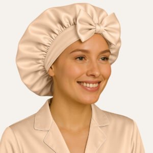 Beige satin bonnet for straight hair