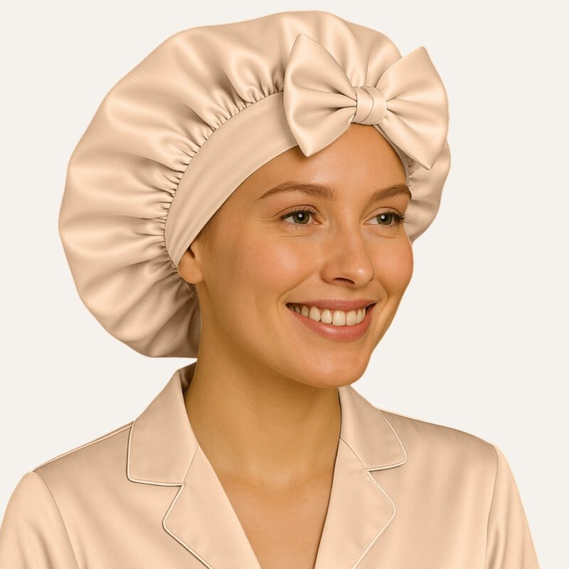 Beige satin bonnet for straight hair