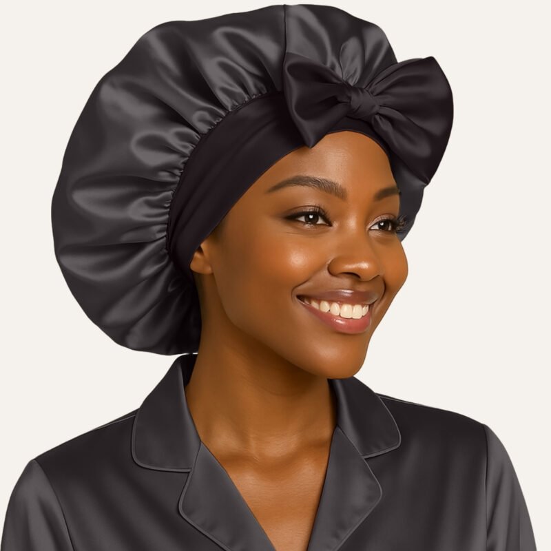 Black Adjustable satin bonnet with tie for sleeping