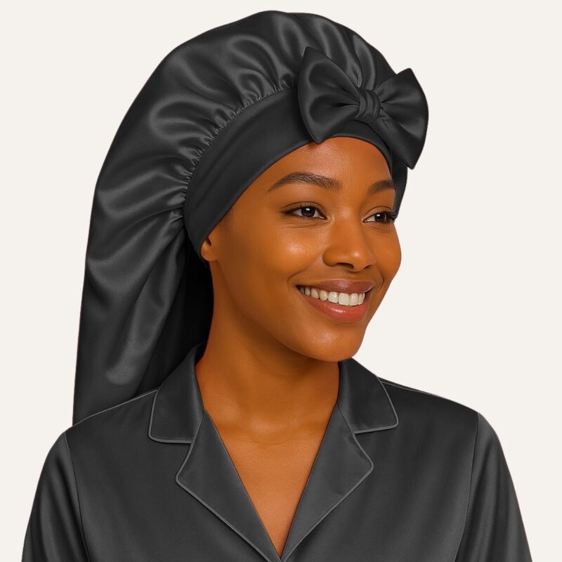 Black satin bonnet for long hair