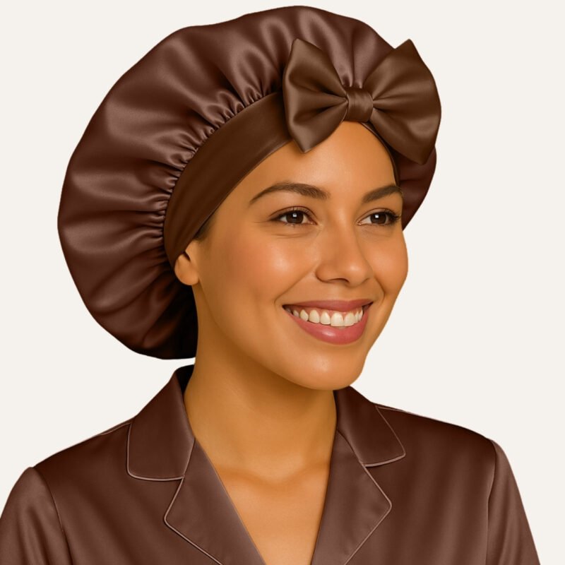Brown satin bonnet for curly hair