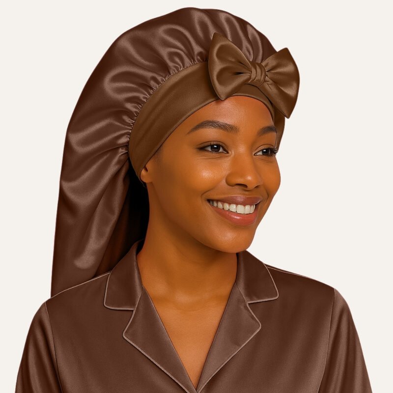 Brown satin bonnet for long hair