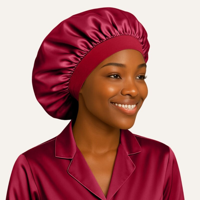 Burgundy Satin hair bonnet for sleeping With Elastic Soft Band