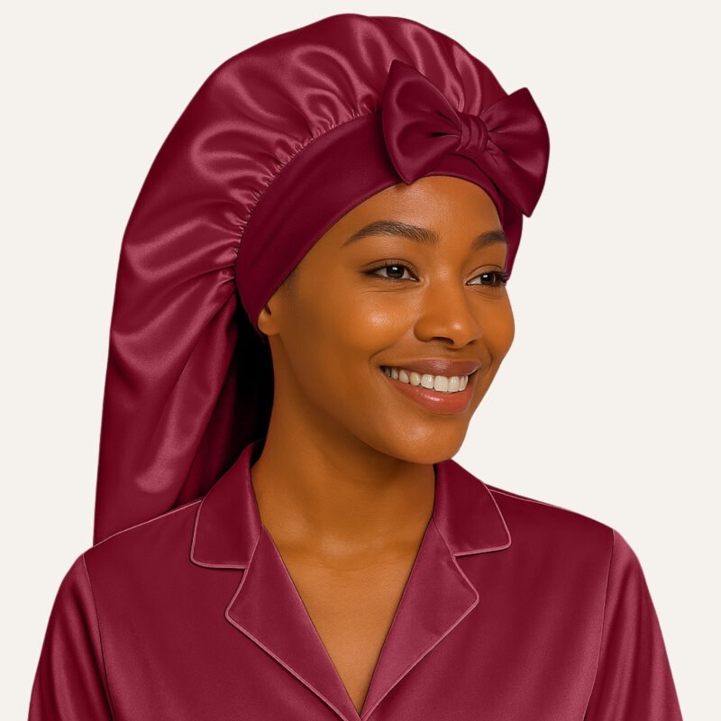 Burgundy satin bonnet for long hair