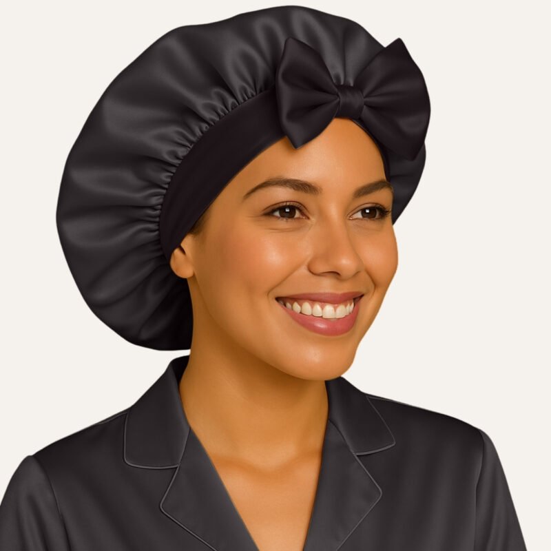 Black satin bonnet for curly hair