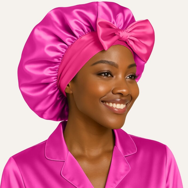 Fuchsia Pink Adjustable satin bonnet with tie for sleeping