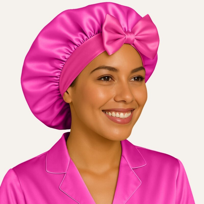 Fuchsia Pink satin bonnet for curly hair