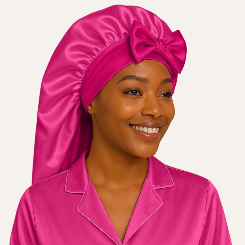Fuchsia Pink satin bonnet for long hair