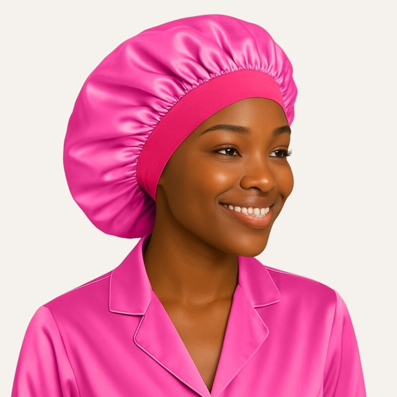 Fuchsia pink Satin hair bonnet for sleeping With Elastic Soft Band