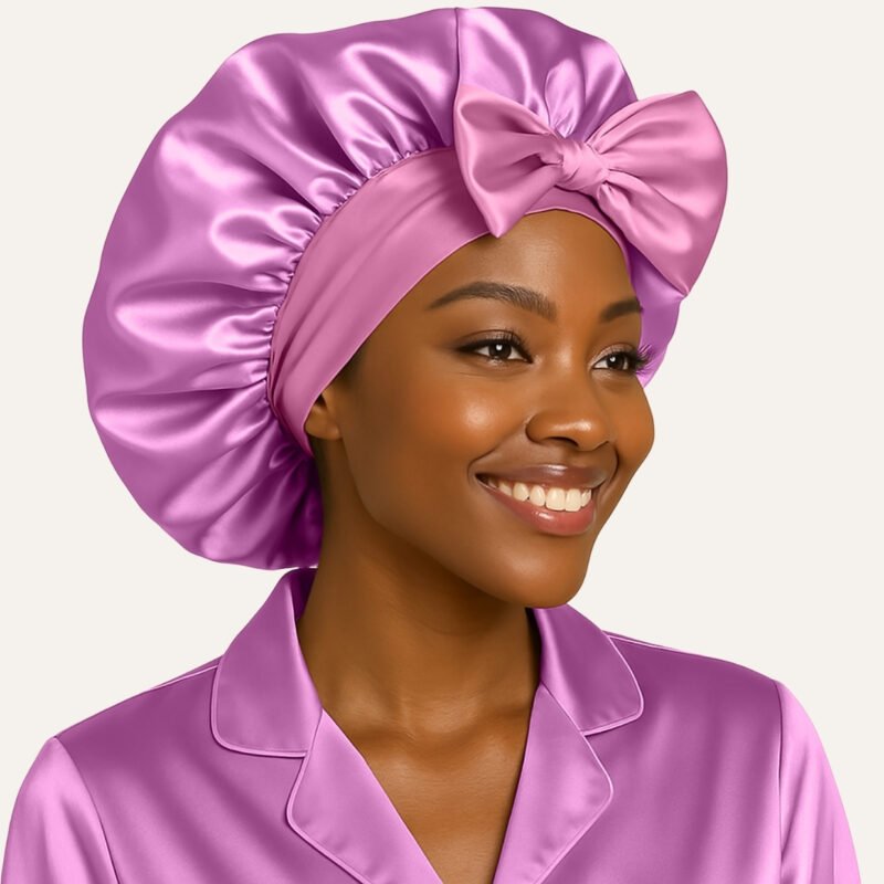 Lavender Pink Adjustable satin bonnet with tie for sleeping