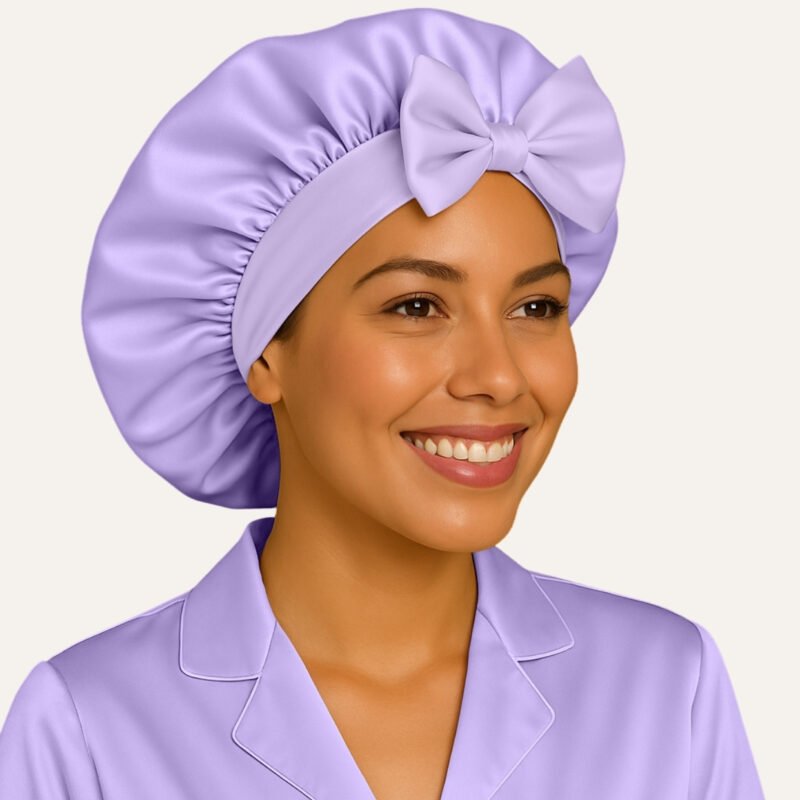 Lavender satin bonnet for curly hair