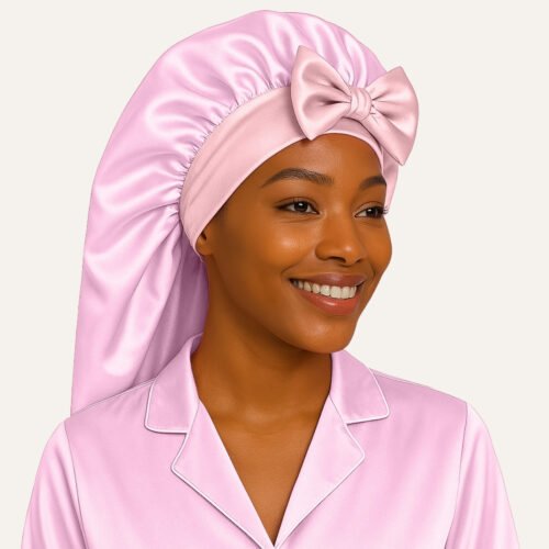 Light pink satin bonnet for long hair