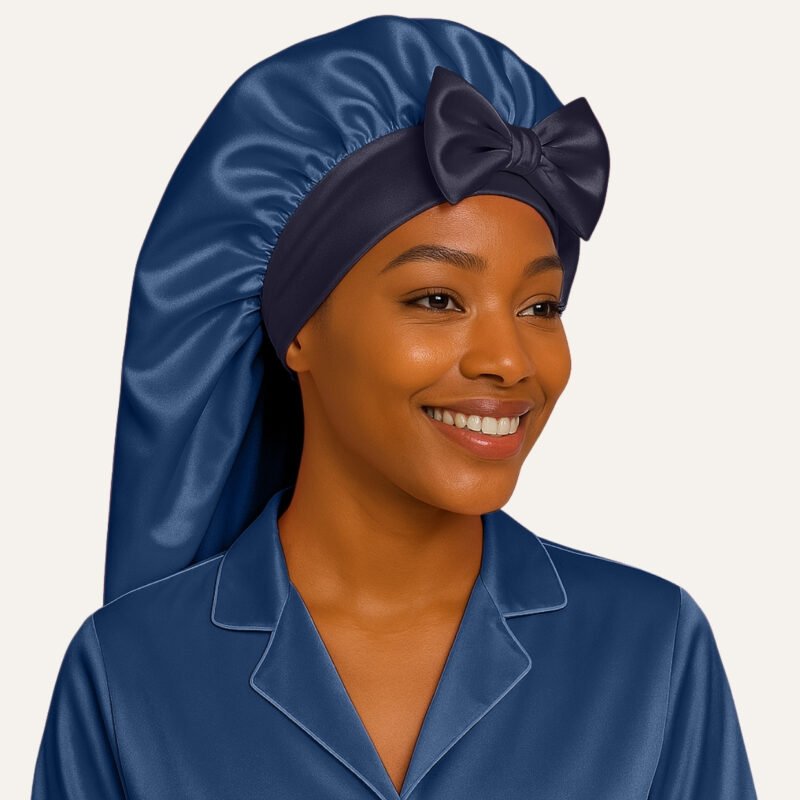 Midnight Blue satin bonnet for long hair