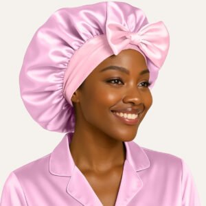 Pink Adjustable satin bonnet with tie for sleeping