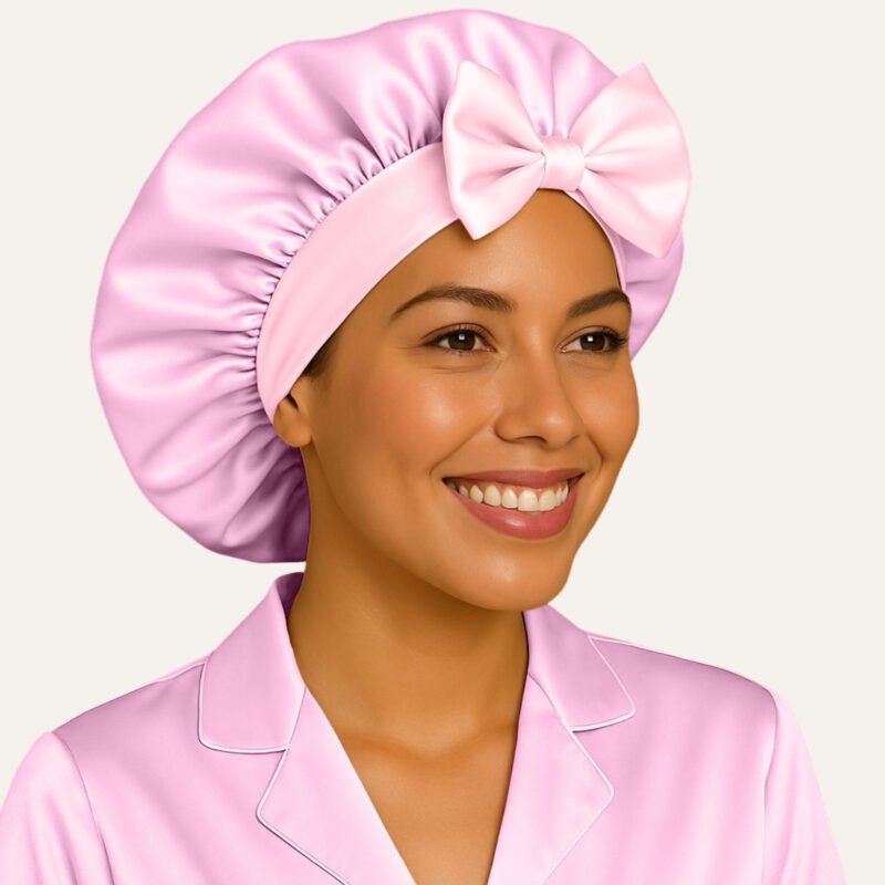 Pink satin bonnet for curly hair