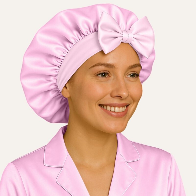 Pink satin bonnet for straight hair
