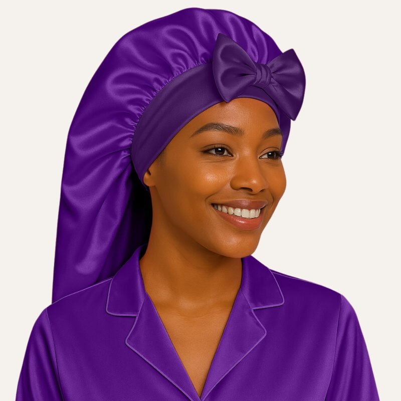 Purple satin bonnet for long hair