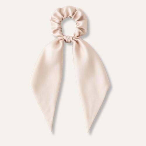 Beige Satin Bow Hair Scrunchie
