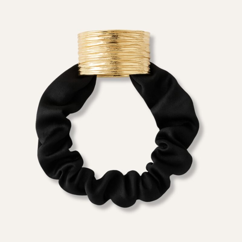 Black Korean Satin Scrunchie With Metal Ring