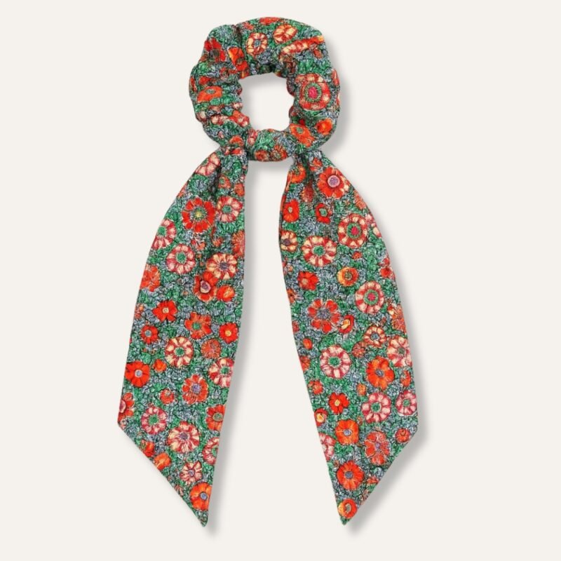 Floral Green Vintage Satin Bow Hair Scrunchie