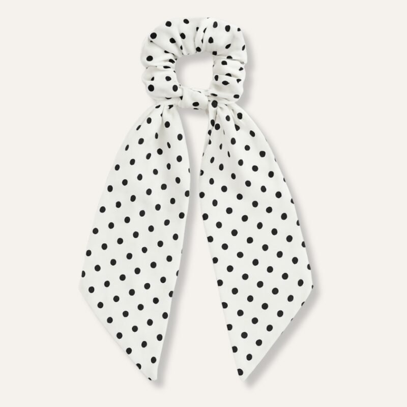 Polka White Vintage Satin Bow Hair Scrunchie