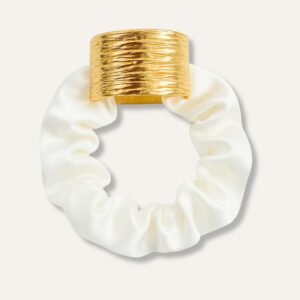White Korean Satin Scrunchie With Metal Ring